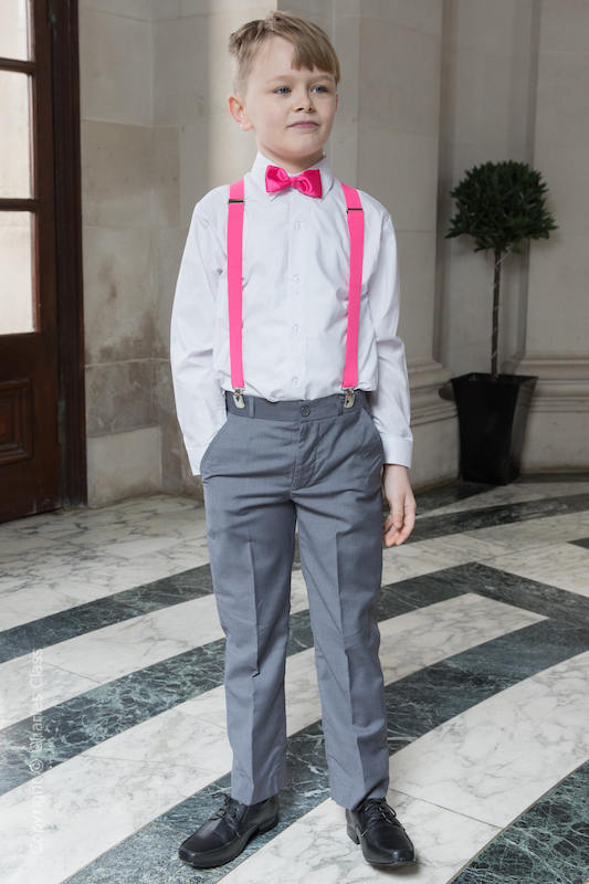Boys Grey Trouser Suit with Hot Pink Braces | Boys Wedding Suit